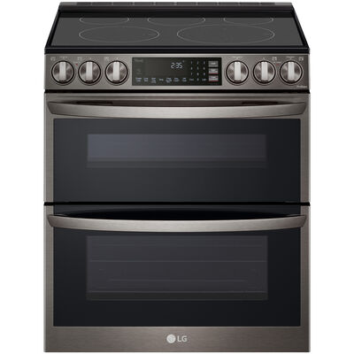 LG 30 in. 7.3 cu. ft. Smart Air Fry Convection Double Oven Slide-In Electric Range with 5 Smoothtop Burners - Printproof Black Stainless Steel | LTEL7337D
