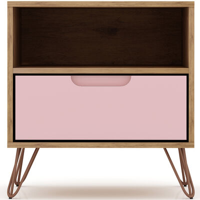 Manhattan Comfort Rockefeller Mid-Century Modern 1-Drawer Nightstand Rose Pink | 101GMC6