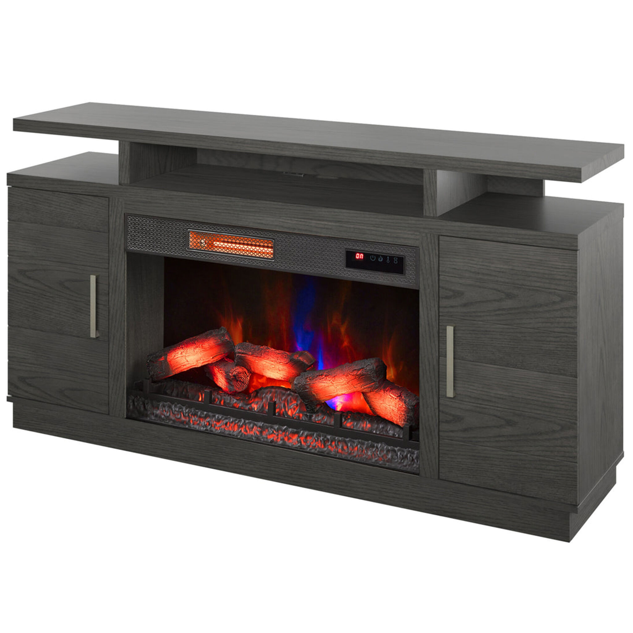 Perspective view of a grey electric fireplace TV stand.