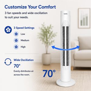 CoolVia 32 in. Oscillating Tower Fan with 3 Speed Settings - White, , hires