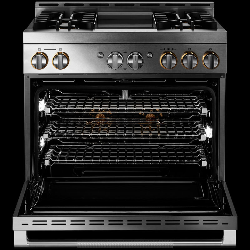 JennAir Rise Series 36 in. 5.1 cu. ft. Smart True European Convection Gas Range with 4 Sealed Burners & Griddle - Stainless Steel, , hires