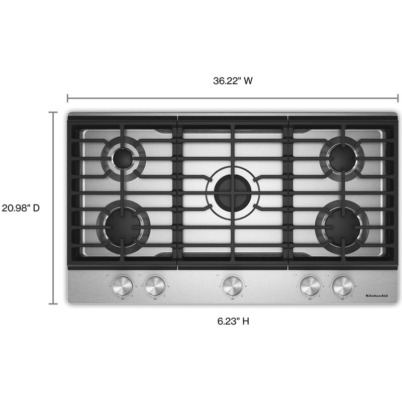 KitchenAid 36 in. 5-Burner Natural Gas Cooktop with Simmer Burner & Power Burner - Stainless Steel, , hires