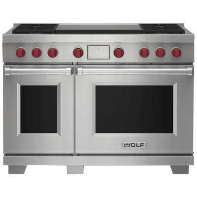 Wolf 48 in. 7.8 cu. ft. Smart Convection Double Oven Freestanding LP Dual Fuel Range with 4 Sealed Burners & Griddle - Stainless Steel | DF48450DGSPL