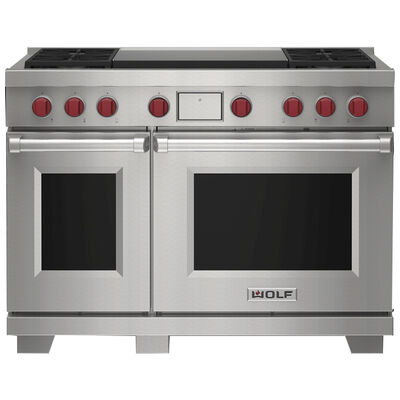 Wolf 48 in. 7.8 cu. ft. Smart Dual Convection Double Oven Dual Fuel Range with 4 Sealed Burners & Griddle - Stainless Steel | DF48450DGSPL