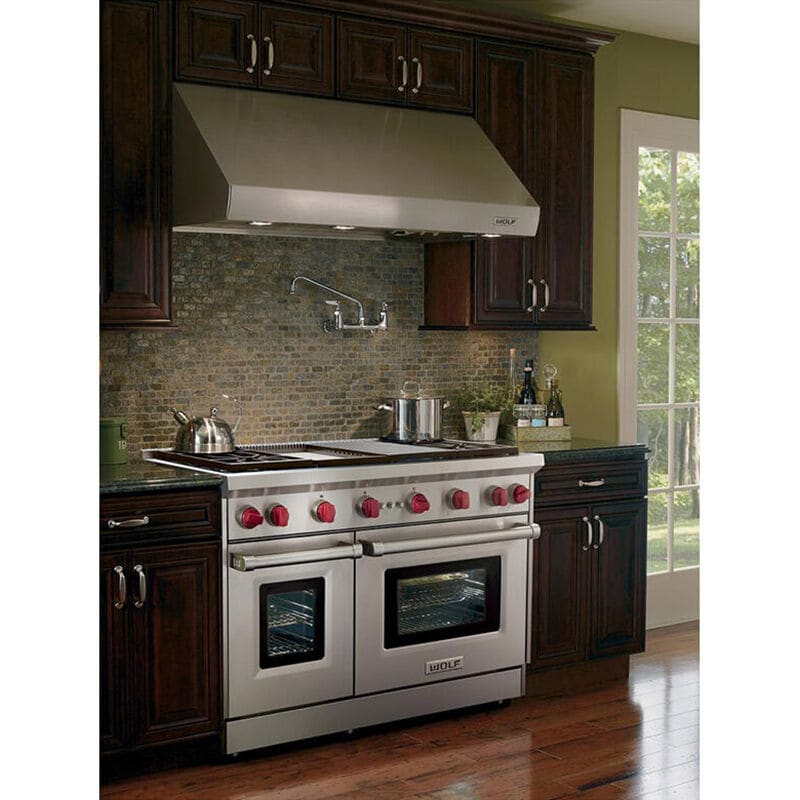 Wolf 48 in. 6.9 cu. ft. Standard Convection Double Oven Gas Range with 4 Sealed Burners, Grill & Griddle - Stainless Steel, , hires
