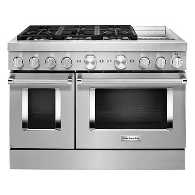 KitchenAid 48 in. 6.3 cu. ft. Smart Convection Double Oven Freestanding Gas Range with 6 Sealed Burners & Griddle - Stainless Steel | KFGC558JSS