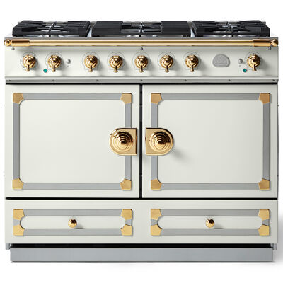 La Cornue 43" Free Standing Dual Fuel Range - White with Stainless Steel and Polished Brass Trim | C1WF