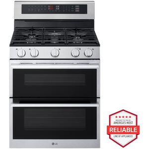 LG 30 in. 6.9 cu. ft. Smart Air-Fry True European Convection Double Oven Slide-In Gas Range with 5 Sealed Burners - Stainless Steel, , hires