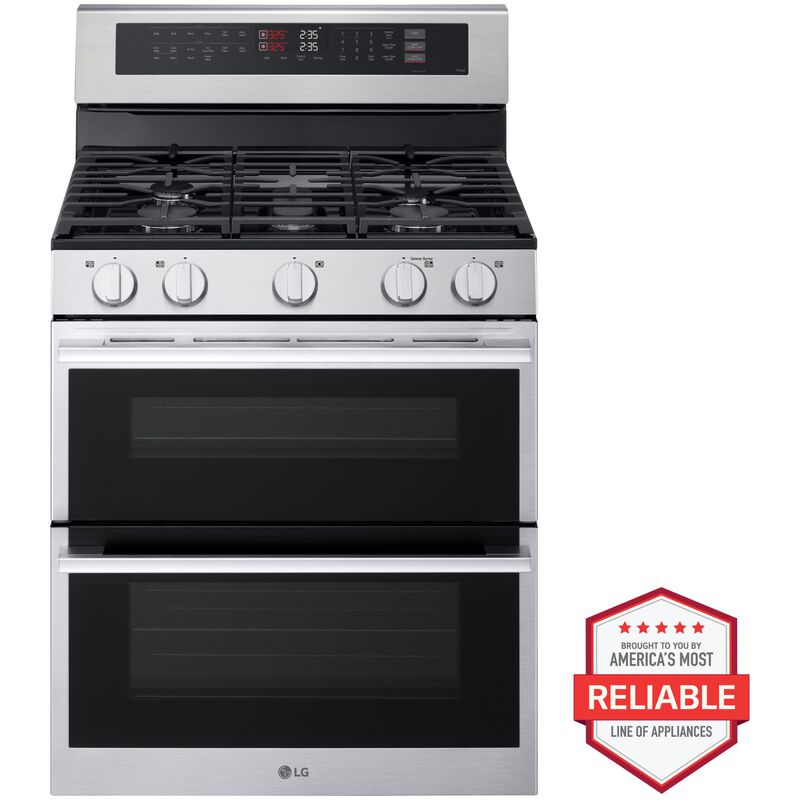 LG 30 in. 6.9 cu. ft. Smart Air-Fry True European Convection Double Oven Slide-In Gas Range with 5 Sealed Burners - Stainless Steel, , hires