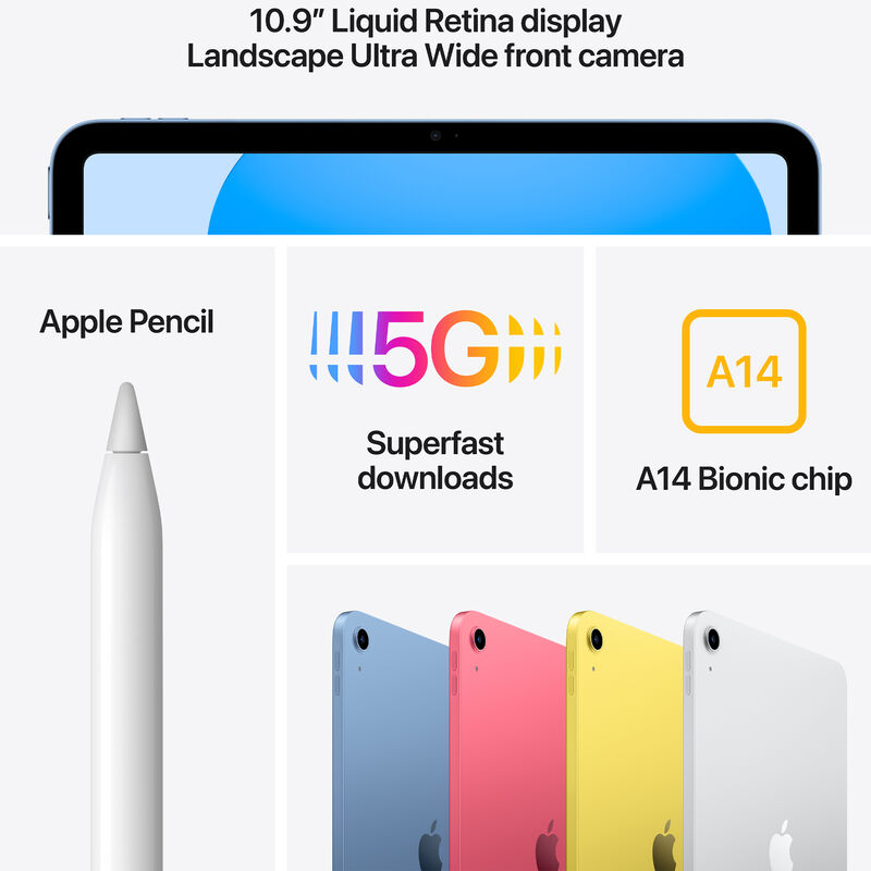 Apple 10.9" iPad (2022, Gen 10), Wi-Fi+Cellular, 64GB, Blue, Blue, hires