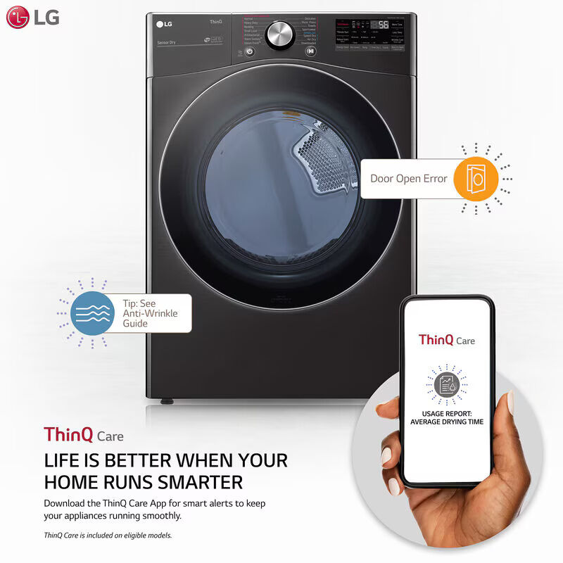 LG 27 in. 7.4 cu. ft. Smart Stackable Round-Door Gas Dryer with Tempered Glass, Built-In Intelligence, Sensor Dry, Turbo Steam, Sanitize & Steam Cycle - Black Steel, Black Steel, hires