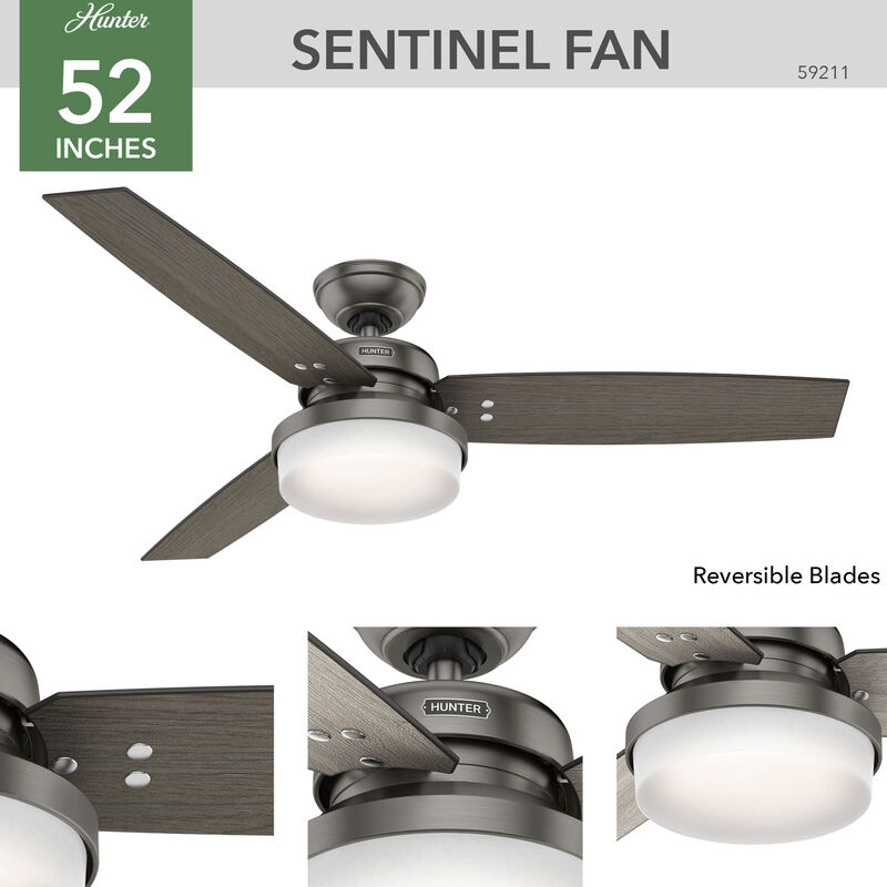 Hunter Sentinel 52 in. Ceiling Fan with LED Light Kit and Handheld Remote - Brushed Slate, Brushed Slate, hires