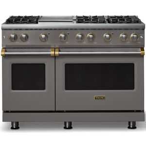Viking 5 Series 48 in. 6.1 cu. ft. Standard Convection Double Oven Gas Range with 6 Sealed Burners & Griddle - Damascus Gray - Natural Gas, Brushed Brass Trim Option, , hires