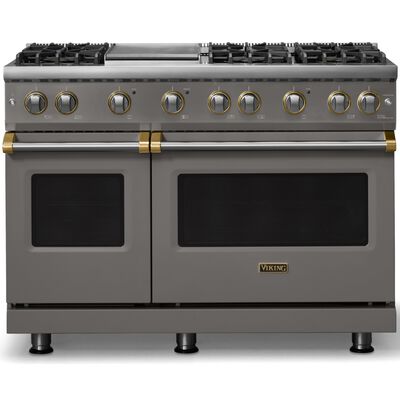 Viking 5 Series 48 in. 6.1 cu. ft. Standard Convection Double Oven Gas Range with 6 Sealed Burners & Griddle - Damascus Gray - Natural Gas, Brushed Brass Trim Option | VGR54846GDGB