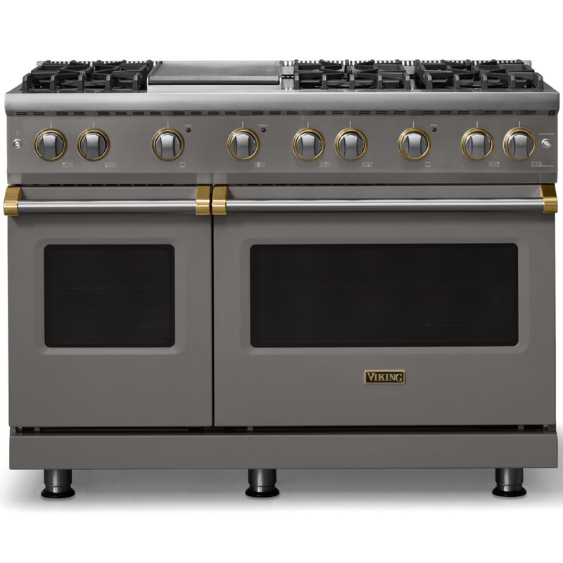Viking 5 Series 48 in. 6.1 cu. ft. Standard Convection Double Oven Gas Range with 6 Sealed Burners & Griddle - Damascus Gray - Natural Gas, Brushed Brass Trim Option, , hires