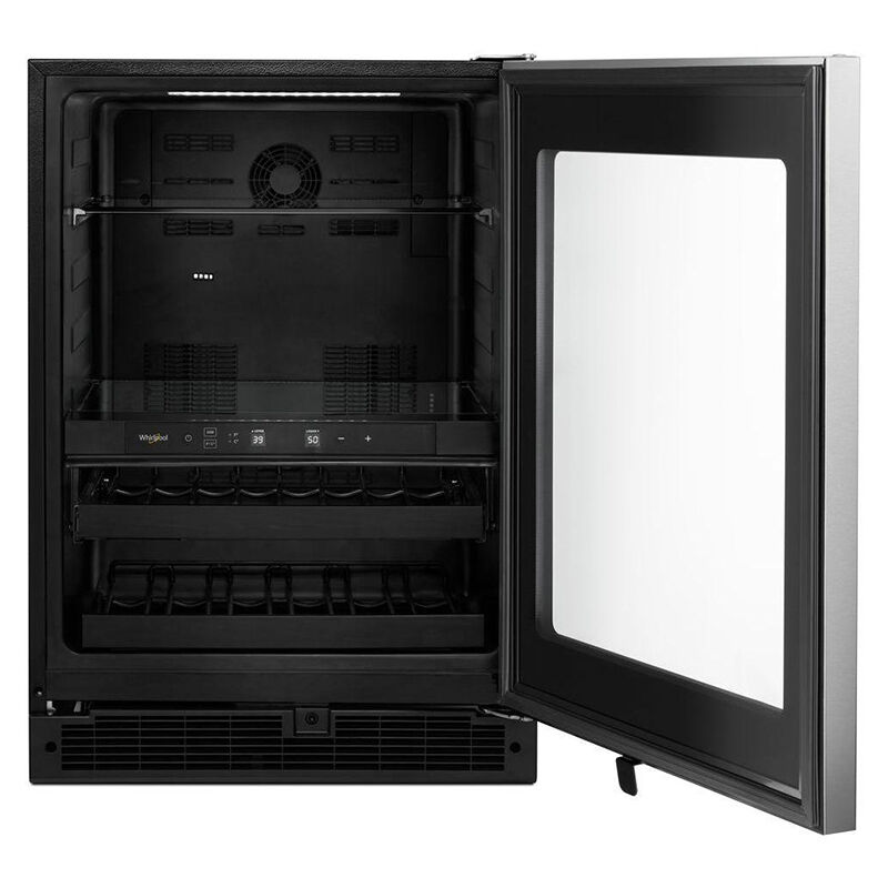 Whirlpool 24 in. 5.2 cu. ft. Built-In/Freestanding Beverage Center with 14 Bottle Wine Storage, Dual Zones & Digital Control - Stainless Steel, , hires