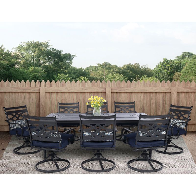 Hanover Montclair 9-Piece Dining Set with 8 Swivel Rockers and a 42" x 84" Table - Navy/Brown, , hires