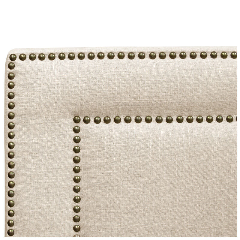 Skyline Furniture Nail Button Border Linen Fabric California King Size Upholstered Headboard - Talc, Talc, hires