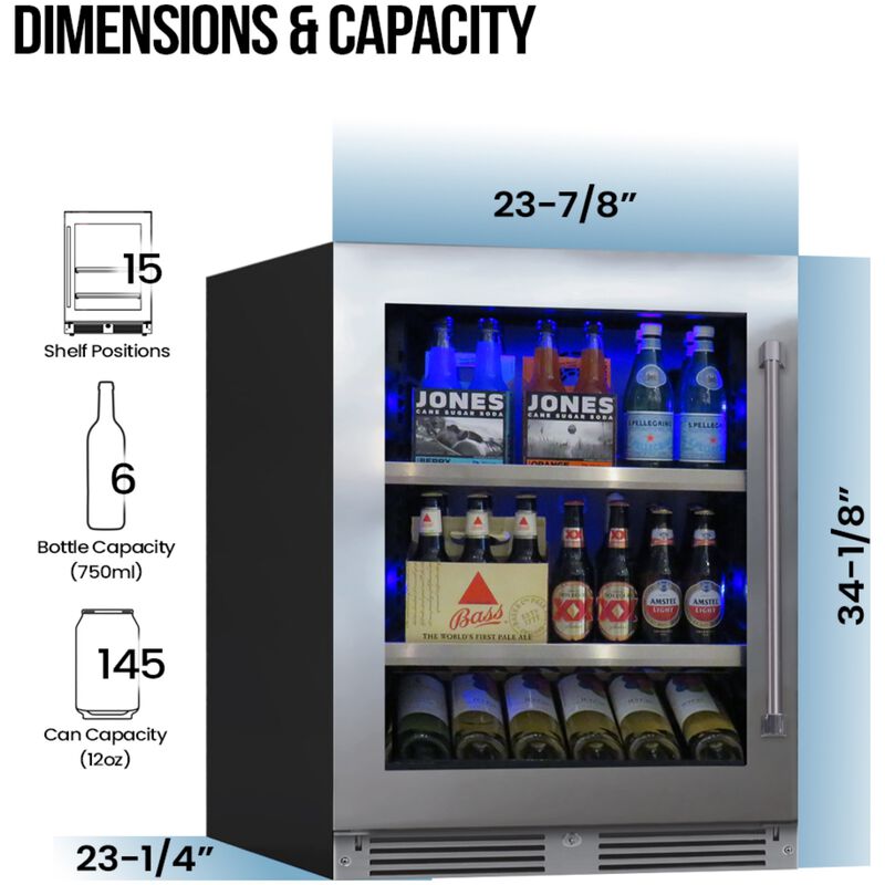 XO 24 in. Built-In/Freestanding 5.7 cu. ft. Compact Beverage Center with Adjustable Shelves & Digital Control - Stainless Steel, , hires