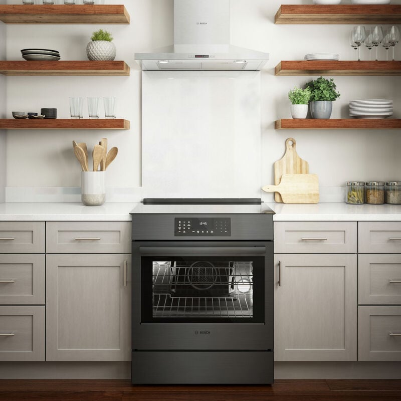 Bosch 800 Series 30 in. 4.6 cu. ft. True European Convection Slide-In Electric Range with 4 Induction Burners - Black Stainless Steel, , hires