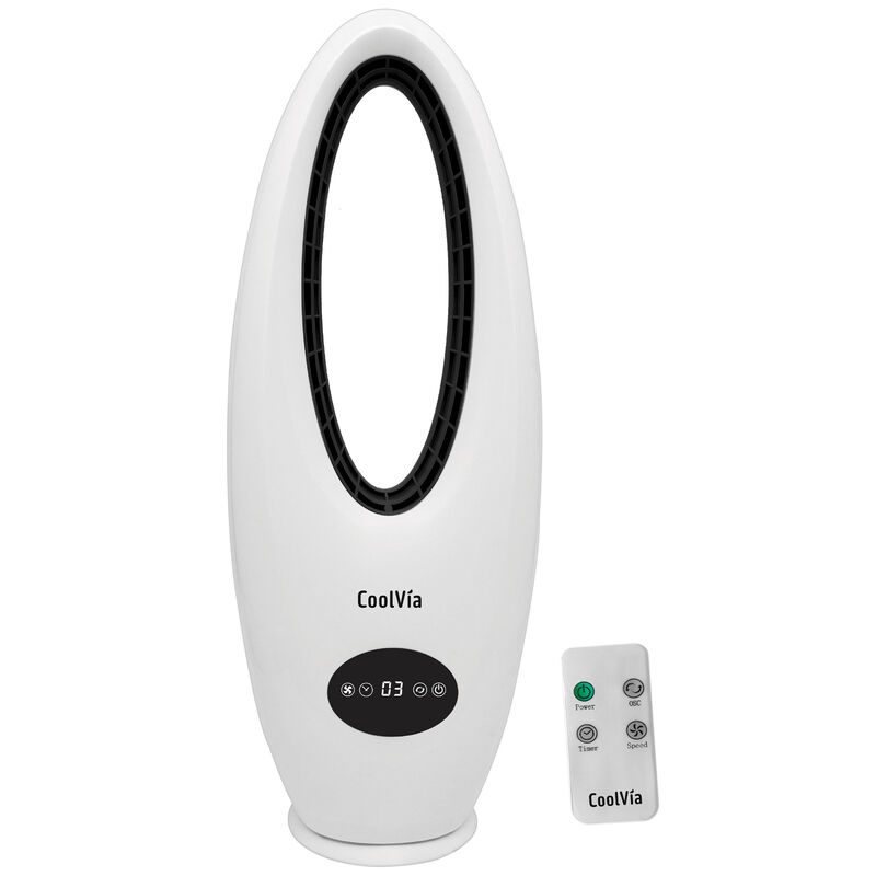 CoolVia 28 in. Oscillating Bladeless Tower Fan with 3 Speed Setting & Remote Control - White, , hires