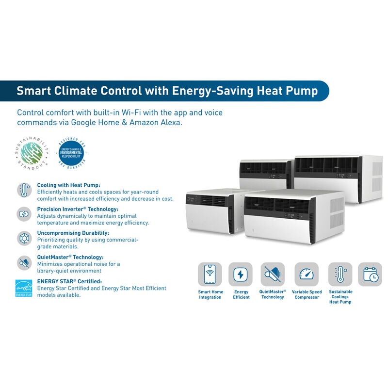 Friedrich Kuhl Inverter Series 12,600 BTU 230V Smart Window/Wall Air Conditioner with Heat Pump, 3 Fan Speeds, Remote Control - Cool Grey, , hires