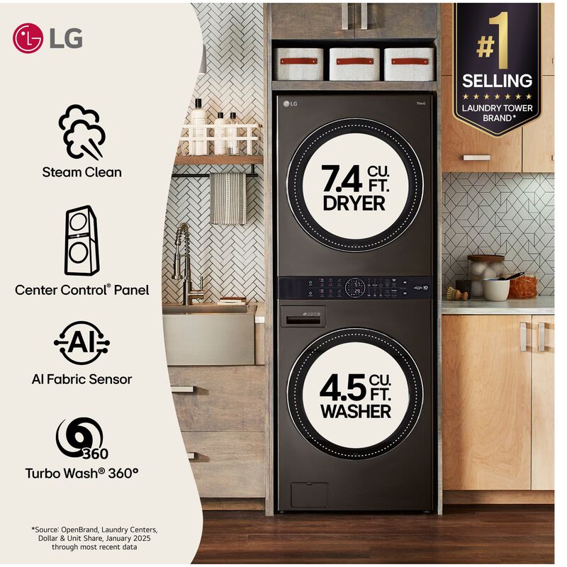LG 27 in. WashTower with 4.5 cu. ft. Washer with 6 Wash Programs & 7.4 cu. ft. Gas Dryer with 6 Dryer Programs, Sensor Dry & Wrinkle Care - Black Steel, Black Steel, hires