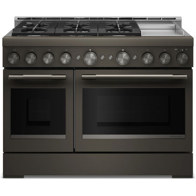 KitchenAid Commercial-Style 48 in. 6.3 cu. ft. Air-Fry True European Convection Double Oven Gas Range with 6 Sealed Burners & Griddle - Black Ore | KFGD948SBE