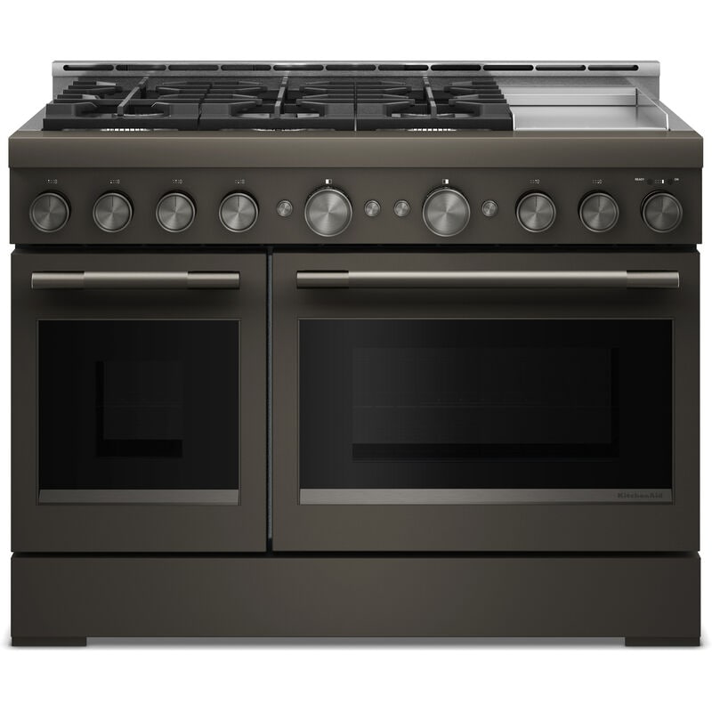 KitchenAid Commercial-Style 48 in. 6.3 cu. ft. Air-Fry True European Convection Double Oven Gas Range with 6 Sealed Burners & Griddle - Black Ore, , hires