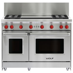 Wolf 48 in. 6.9 cu. ft. Standard Convection Double Oven Gas Range with 4 Sealed Burners & Griddle - Stainless Steel, , hires