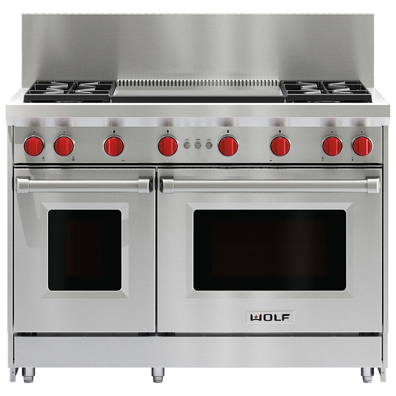 Wolf 48 in. 6.9 cu. ft. Standard Convection Double Oven Gas Range with 4 Sealed Burners & Griddle - Stainless Steel, , hires