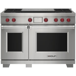 Wolf 48 in. 7.8 cu. ft. Smart Convection Double Oven Freestanding Dual Fuel Range with French Top - Stainless Steel, , hires