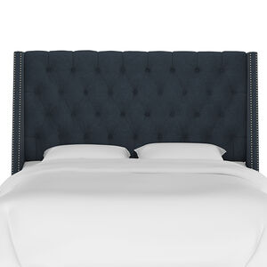 Skyline Queen Nail Button Tufted Wingback Headboard in Linen - Navy, Navy, hires