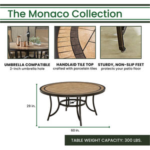 Hanover Monaco 7-Piece Dining Set With 6 Wicker Back Swivel Rockers and a 60" Tile-Top Table - Tan/Bronze, , hires