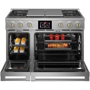 Monogram Statement Series 48 in. 8.2 cu. ft. Smart Air Fry True European Convection Double Oven Dual Fuel Range with 4 Sealed Burners, Grill & Griddle - Stainless Steel, , hires