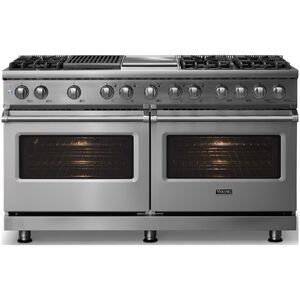 Viking 5 Series 60 in. 9.4 cu. ft. True European Convection Double Oven Dual Fuel Range with 6 Sealed Burners, Grill & Griddle - Stainless Steel - Liquid Propane Gas, Polished Chrome Trim Option, , hires