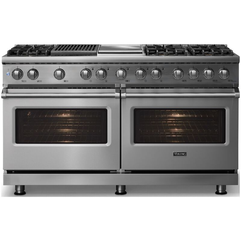 Viking 5 Series 60 in. 9.4 cu. ft. True European Convection Double Oven Dual Fuel Range with 6 Sealed Burners, Grill & Griddle - Stainless Steel - Liquid Propane Gas, Polished Chrome Trim Option, , hires