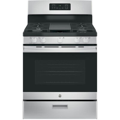 GE 30 in. 5.0 cu. ft. Oven Freestanding Gas Range with 5 Sealed Burners & Griddle - Stainless Steel | JGBS66REKSS