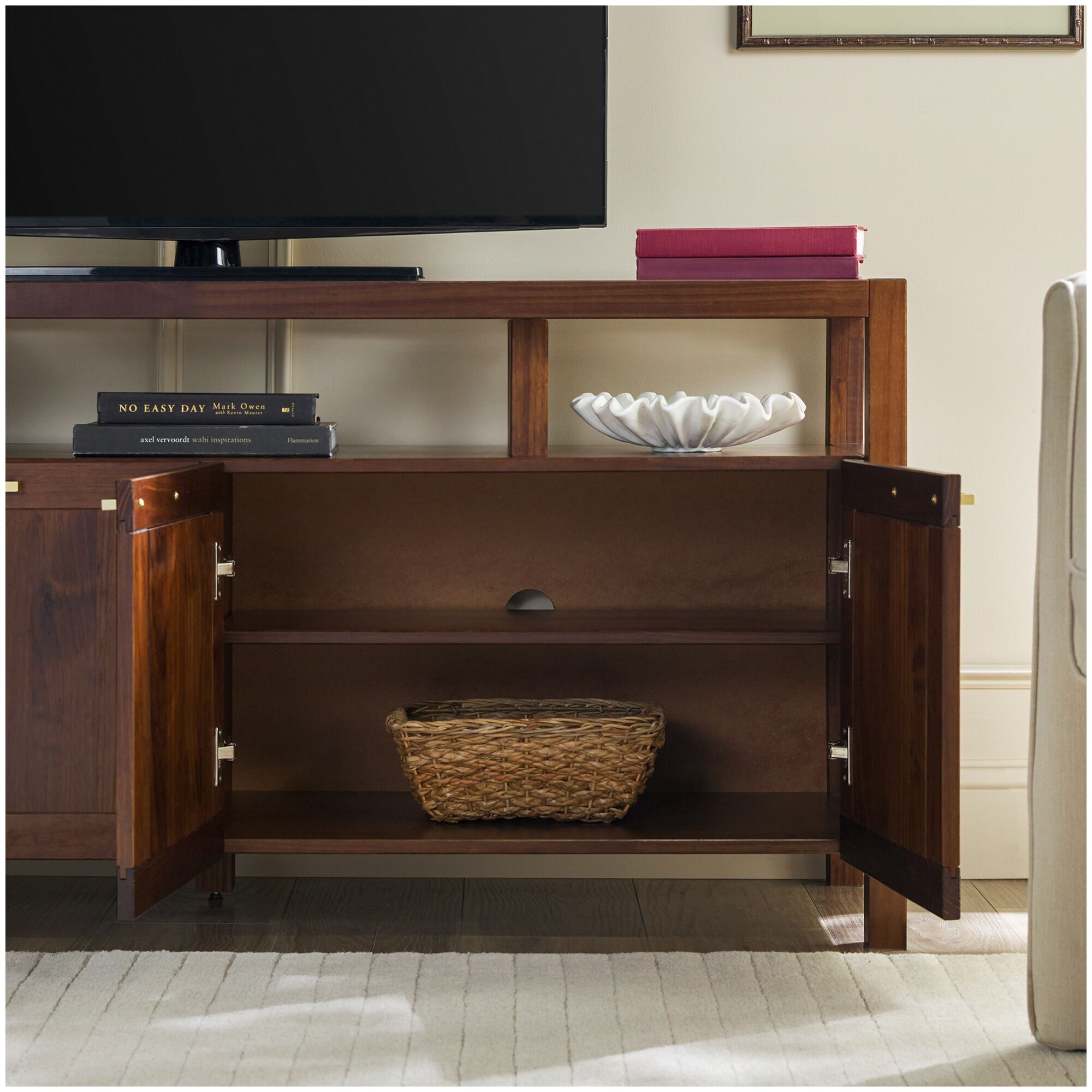 Walker Edison Isla Modern TV Stand with Glass Top - Walnut | P.C.