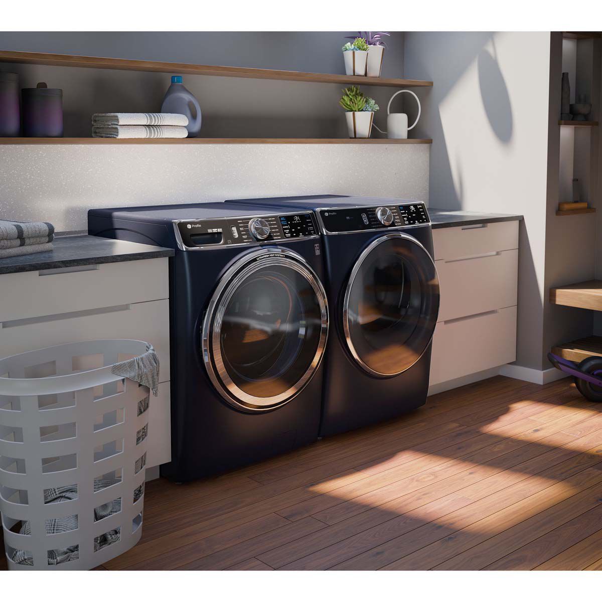 GE Profile 28 in. 5.3 cu. ft. Smart Stackable Front Load Energy Star Washer with UltraFresh Vent System Sanitize Steam Cycle Sapphire Blue