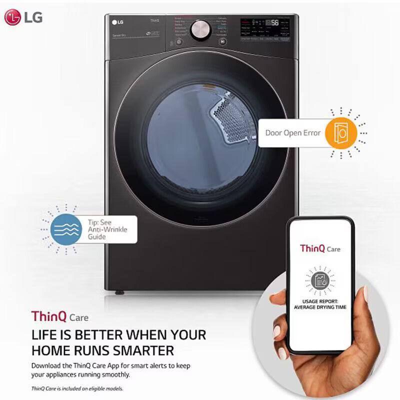 LG 27 in. 7.4 cu. ft. Smart Stackable Round-Door Gas Dryer with Built-In Intelligence, Sensor Dry, Turbo Steam, Sanitize & Steam Cycle - Black Steel, Black Steel, hires
