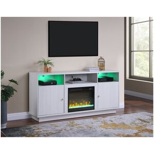 Lilola Ambrose 70"W White Walnut Finish Fireplace TV Stand Console with Heater, LED Light, Cabinets, Shelves, , hires