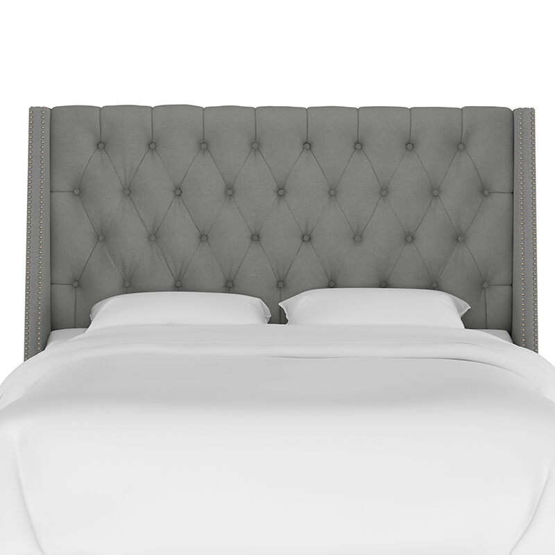 Skyline King Nail Button Tufted Wingback Headboard in Linen - Grey, Grey, hires