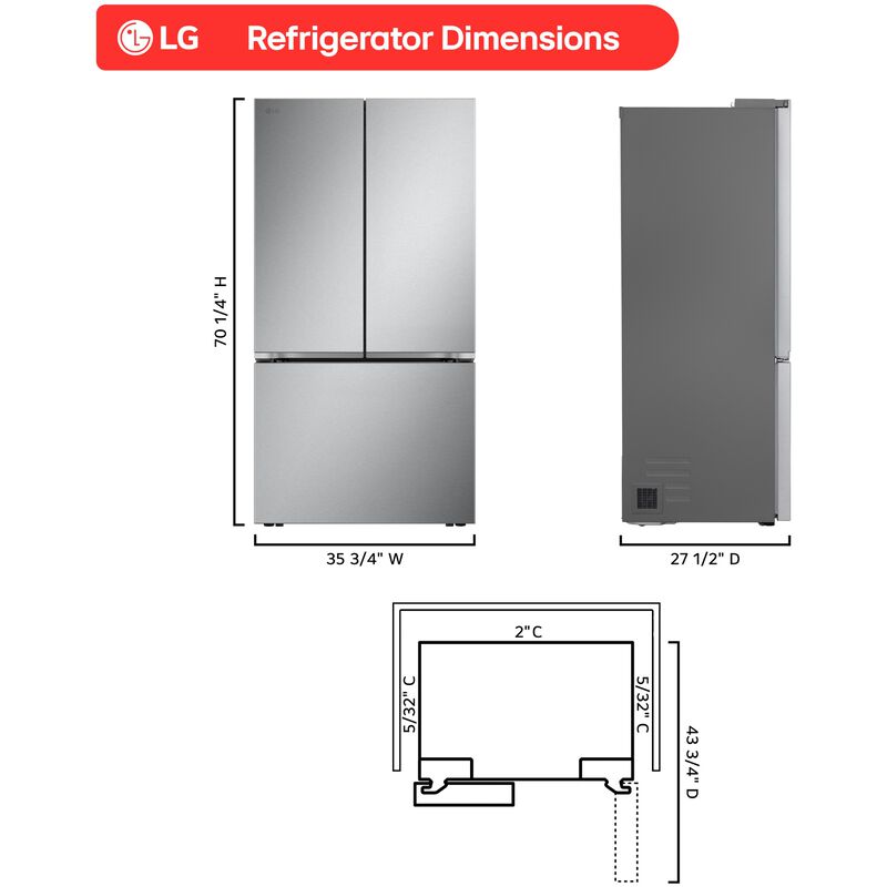 LG 36 in. 25.1 cu. ft. Smart Counter Depth French Door Refrigerator with Zero Clearance Hinge & Internal Water Dispenser - PrintProof Stainless Steel, , hires