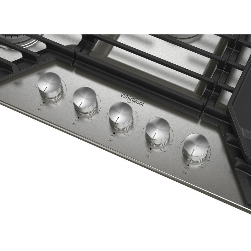 Whirlpool 30 in. 5-Burner Natural Gas Cooktop With 2-in-1 Hinged Grate to Griddle, Simmer Burner & Power Burner - Stainless Steel, , hires