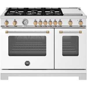 Bertazzoni Master Series 48 in. 7.1 cu. ft. Dual Convection Double Oven Gas Range with 6 Sealed Burners & Griddle - Matte White with Brushed Gold Accents, , hires