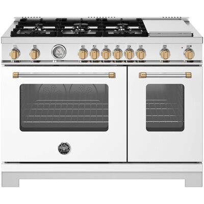 Bertazzoni Master Series 48 in. 7.1 cu. ft. Dual Convection Double Oven Gas Range with 6 Sealed Burners & Griddle - Matte White with Brushed Gold Accents | MAS486GGASBG