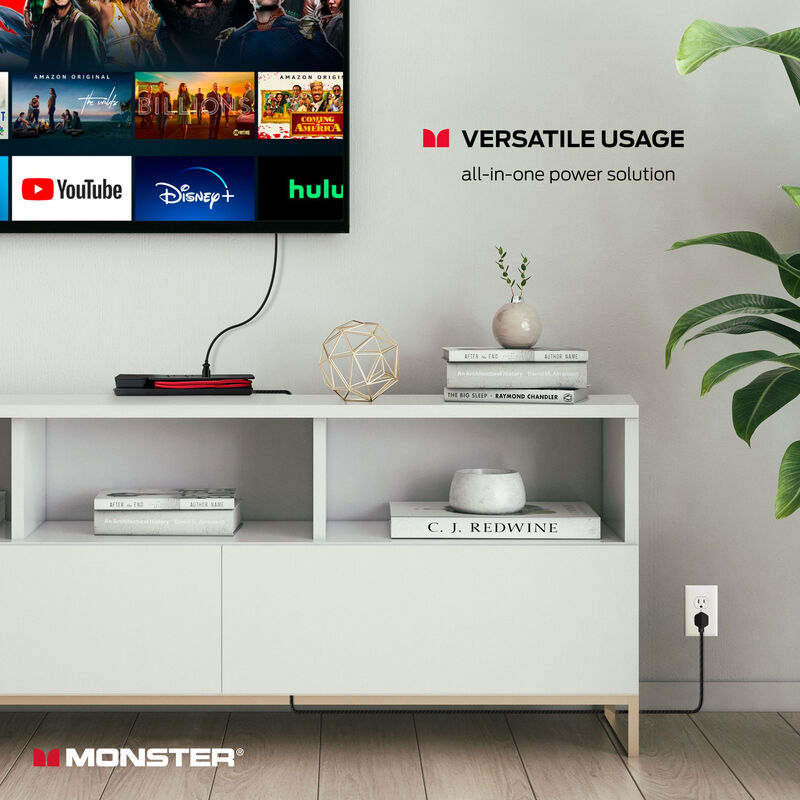 Monster Cable Power Center Vertex 6AC + 3 USB Hub (2.14amp 2 USB-A, 20W 1 USB-C) 6ft Cord 3000J Surge Protection - Black, , hires