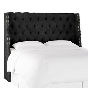 Skyline Queen Nail Button Tufted Wingback Headboard in Velvet - Black, Black, hires