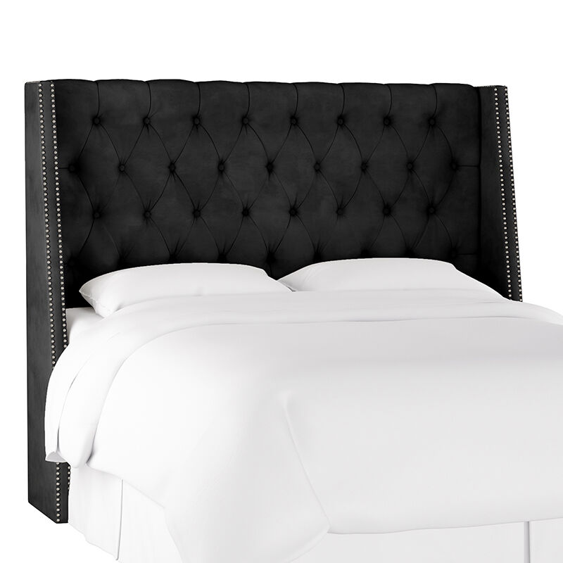 Skyline Queen Nail Button Tufted Wingback Headboard in Velvet - Black, Black, hires